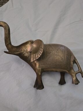 Brass Elephant Figurine with Engraved Saddle, Needs A Good Polish